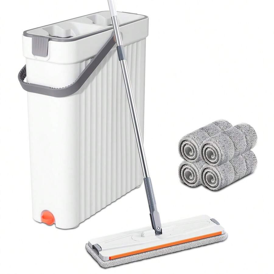 Hands-Free Flat Mop And Bucket Set - Mop And Bucket With Wringer Set With 360° Rotating Mop Head For Effortless, No Dead Corner Floor And Wall Cleaning, Self-Wringing Design, Includes 4 Microfiber Cloths, Perfect For Home, Kitchen, Hardwood Floors - A - Xem 1