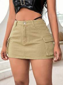 Tall Women's Casual Straight Mini Skirt With Cargo Pockets Non-Stretch Woven Fabric - Khaki - View 3