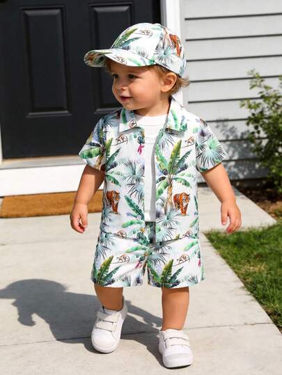 2pcs/Set Newborn Baby Boys' Casual Vacation Outfit, Cute Tropical Rainforest Animal World Tiger Bird Plant Allover Print Polo Shirt With Button Front And Loose Shorts Set, Spring/Summer