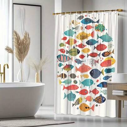 1件彩色鱼群圆形浴帘，图案生动，色彩对比鲜明，是浴室装饰家居配件，适用于浴缸帘、浴缸装饰、浴室用品，现代艺术时尚家居装饰