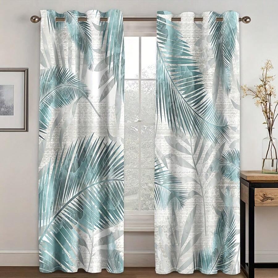 2pcs Blue Curtains, Tropical Palm Leaf Nature Pattern Window Drapes, Window For Bedroom Office Kitchen Living Room Study Home Decor - 彩色 - 查看 1