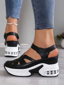 1 Pair Women's New Thick Sole Hollow Breathable Hook & Loop White Roman Sandals, Fashionable, Lightweight, Non-Slip; Black Casual Sports Sandals - Black - View 4