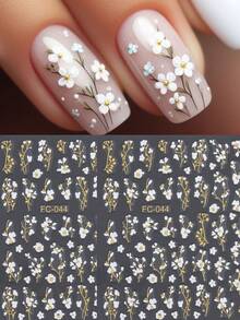 白色花朵和金色枝条美甲贴纸，裸粉色清新春日美甲贴花，手工DIY美甲用品，持久防水自粘，精致3D立体花卉美甲贴纸 - 彩色 - 查看 9