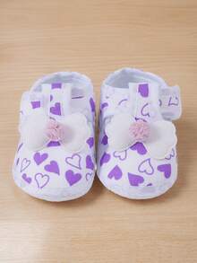 1 Pair White & Purple Heart Print Baby Walking Shoes Soft Sole First Walkers With Ball & Flower Decor Easy On/Off Hook & Loop Straps Breathable & Comfortable For Daily Indoor Outdoor Use - Purple - View 7
