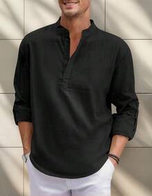 Men's Cotton Linen Long-Sleeved Shirt - 黑色 - 查看 5