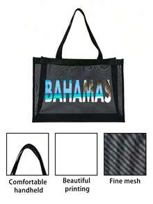 4-Piece Large Capacity Mesh Beach Bag Set - Printed With "Bahamas" Pattern, Featuring Tropical And Beach Elements; Foldable Waterproof And Sand Proof Mesh Handbag+Matching Mesh Cosmetic Storage Bag, Foldable Beach Sun Hat, Durable Fashion Glasses. Breathable, Lightweight - Multicolor - View 7