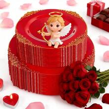 102PCS Red And Gold Plastic Plates - Red Plates Disposable - Vintage Plastic Plate With Gold Rim Include 51PCS Dessert & 51PCS Dinner Plate Perfect For Weddings & Party & Valentine's Day - Red - View 1