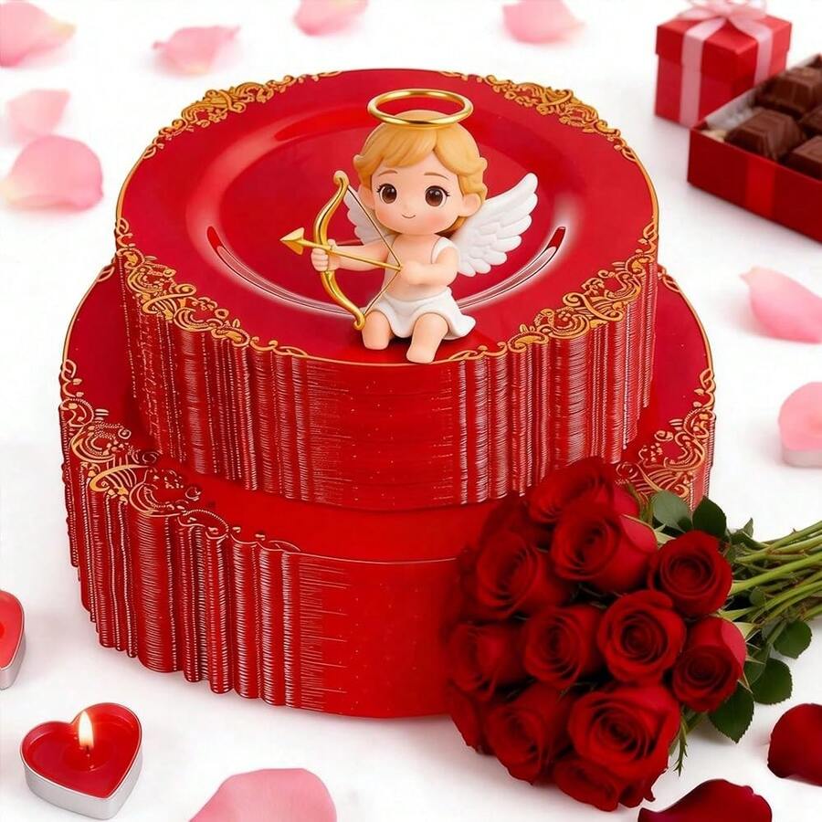 102PCS Red And Gold Plastic Plates - Red Plates Disposable - Vintage Plastic Plate With Gold Rim Include 51PCS Dessert & 51PCS Dinner Plate Perfect For Weddings & Party & Valentine's Day - Red - View 1