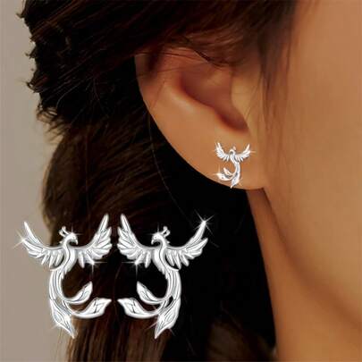 Metallic Phoenix Stud Earrings, Minimalist Mythological Inspired Earrings, Everyday Jewelry For Women