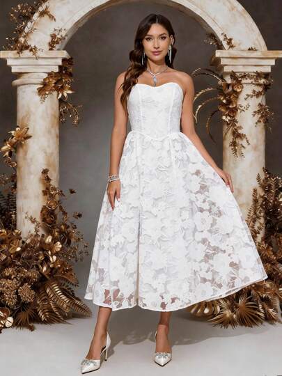 Women's Sleeveless, Strapless Long Floral Dress, Zipper Design, Suitable For Formal Occasions Like Galas, Made Of Non-Stretch Woven Fabric