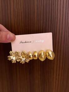 [1-8 Pairs] Sweet Girl Earring Set, Includes Bowknot, Flower, Metal Hoop Styles, Suitable For All Skin Tones, Women Can Directly Purchase - Gold - View 2