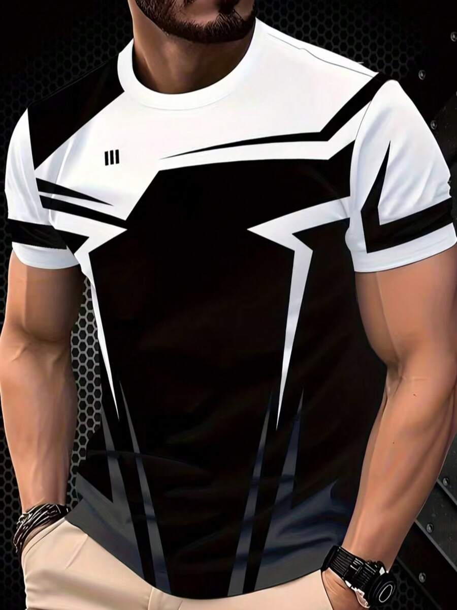 男士黑白几何图案T恤 | 运动条纹图案短袖T恤 - 彩色 - 查看 1