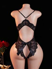 Women's Sexy Black Open-Crotch Lace Bodysuit For Valentine's Day And New Year, With Backless Transparent Bow-Tie Stockings, Suitable For Loungewear Or Private Parties, Sexy Lingerie. - 黑色 - 查看 3