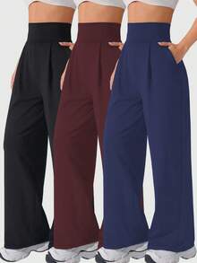 3-Piece Pantalones Deportivos De Pierna Ancha Con Bolsillos Plisados Y Cintura Alta De Color Sólido Para Mujer Con Diseño De Pierna Ancha, Con Bolsillos, Pantalones Casuales De Cintura Alta Y Pierna Ancha Para Ejercicio Cómodos, A Menudo Casuales En Primavera, Otoño E Invierno. - 彩色 - 查看 10