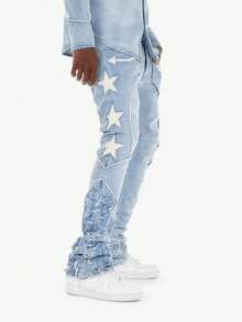 男士常规版型星形印花牛仔裤，修身刺绣贴片牛仔裤，Y2K风格摇滚牛仔裤 - 中等水洗藍 - 查看 7