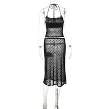 Awevudst Women Summer Sheer Mesh 2Piece Outfit Polka Dots Print Halter Neck Crop Cami Top + Bodycon Low Waist Midi Skirts Set Beachwear Swimsuit Cover Ups - 黑色 - 查看 5