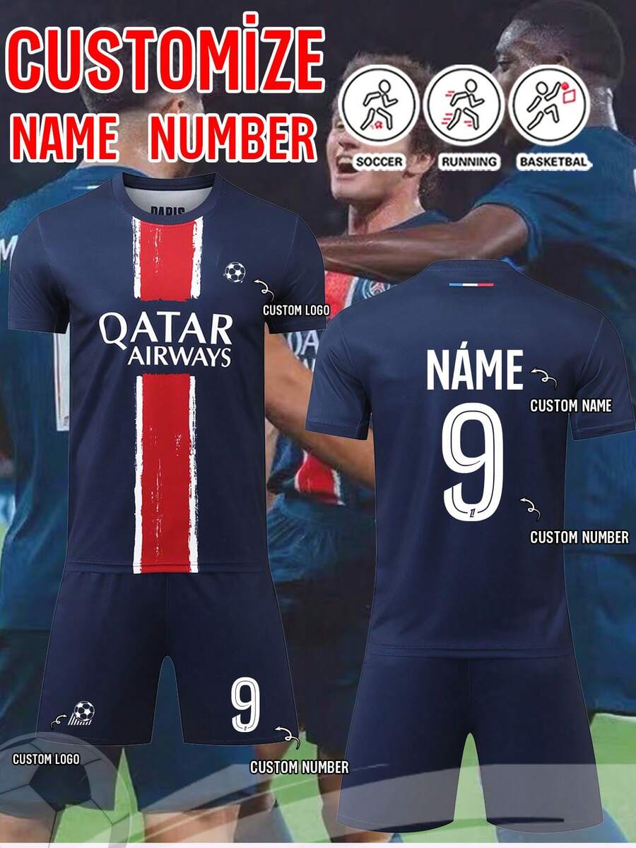 2件装巴黎足球队球衣，2425号个性化巴黎足球队球衣，男士运动套装，运动套装，男士跑步套装，夏季男士套装，男士T恤套装，足球球衣，个性化足球球衣，带号码印花的足球球衣，适合日常穿着，足球，羽毛球，篮球，骑行 - 藏蓝色 - 查看 1