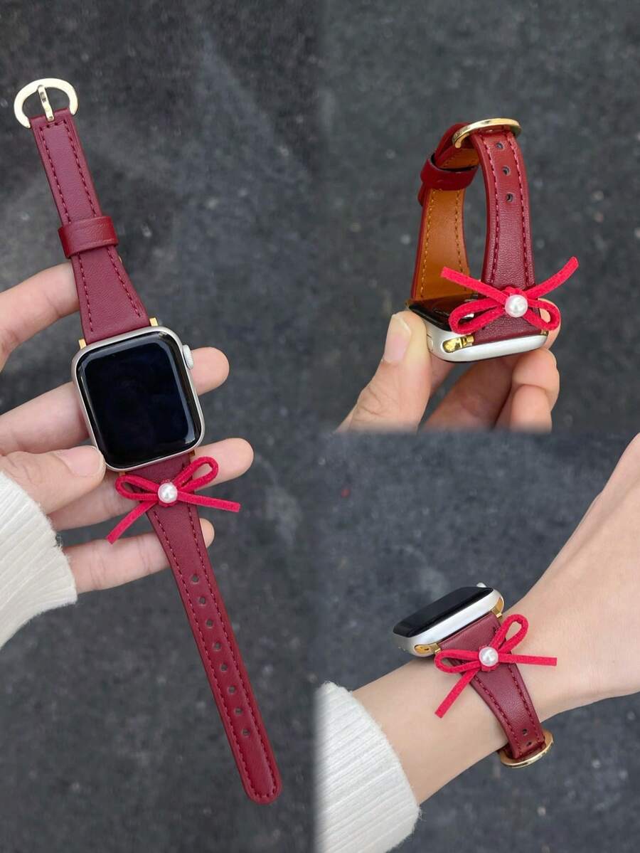1 Pc Nice Bow Leather Loop Compatible With Apple Watch Band For Women 38mm 40mm 41mm 42mm 44mm 45mm 46mm 49mm , Strap Compatible With Apple Watch Link Series Ultra S10 9/8/7/6/5/4/3/2/1 SE - Red - View 1