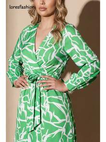 Long V-Neck Dress With Sash - Green - View 7
