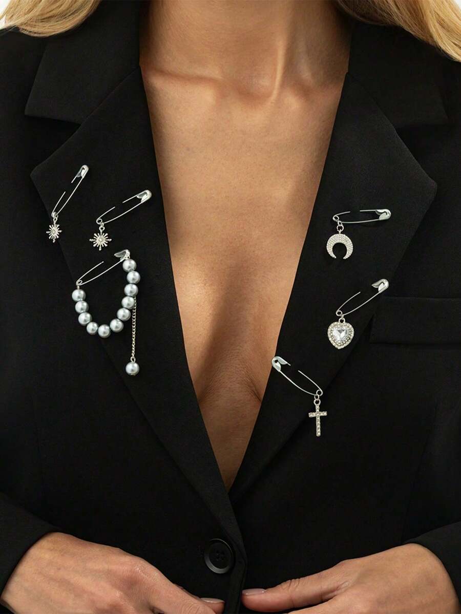 6 Pieces Of Fashionable And Versatile Multi-Functional Fixed Pins, Simple And Fashionable Heart-Shaped Suit Brooch Set, Personalized Faux Pearl Pendant Ladies' Pins - Brooch Set - View 1