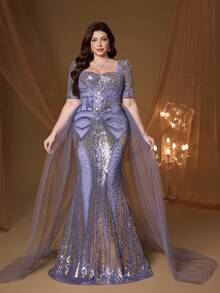 Robe Mgiacy grande taille pour femmes avec manches de sirène en sequins violets et décorations de perles, élégante pour les dames en été, mariage, bal, fête, vacances et festivals de printemps - Prune - Voir 1
