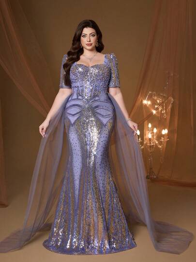 Nuevo Llegado, Cuello Cuadrado, Manga Corta, Lentejuelas, Cuentas Abullonadas, Diseño ajustado, Lentejuelas, Alta Gama, Vestido de Noche, Adecuado para Gala, Boda, Fiesta, Invitado de Boda, Vestido de Noche (Sin Posicionamiento)