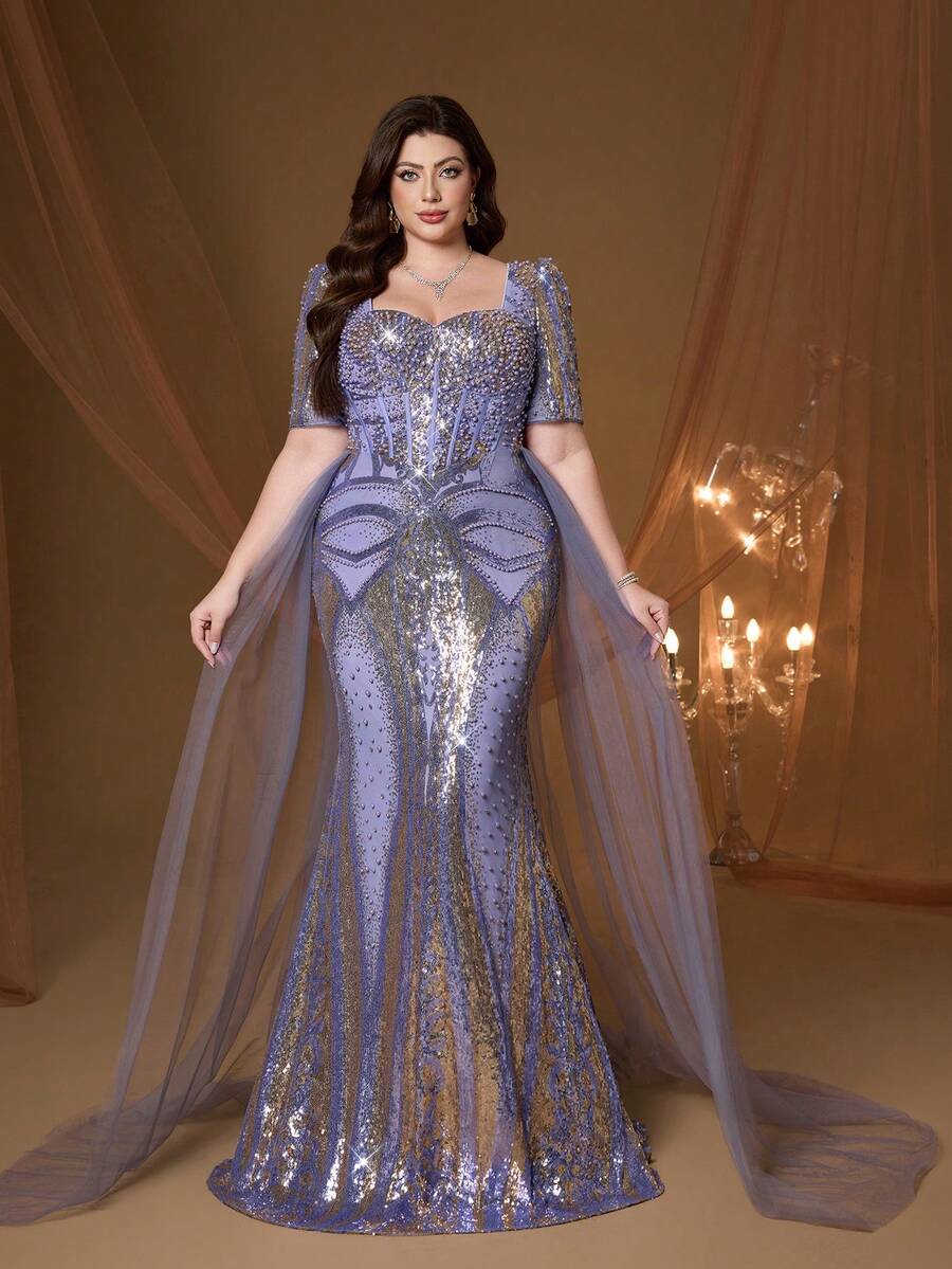 Robe Mgiacy grande taille pour femmes avec manches de sirène en sequins violets et décorations de perles, élégante pour les dames en été, mariage, bal, fête, vacances et festivals de printemps - Prune - Voir 1