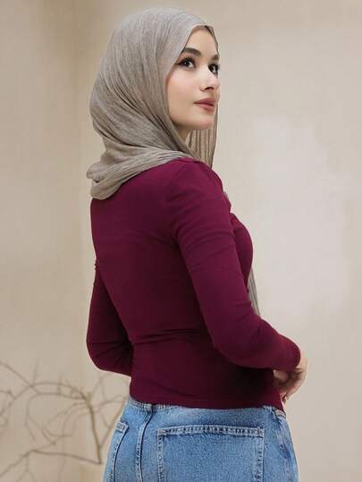 Livesso 女士纯色垂领抽绳侧边长袖休闲 T 恤春秋季