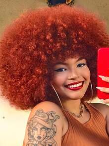 Tóc giả xoăn bồng bềnh kiểu thập niên 70 có mái, tóc giả xoăn lớn chất lượng cao làm từ sợi tổng hợp dành cho nữ, kiểu châu Phi. - Màu Cam san hô - Xem 3