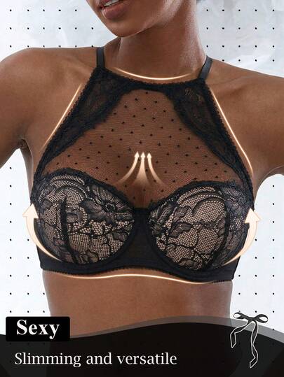 Women's Sexy Halter Neck Lace Push Up Bra (Breathable Mesh) - Lift Support, Anti-Sag & Side Support, Stylish Bra For Daily Wear & Special Events