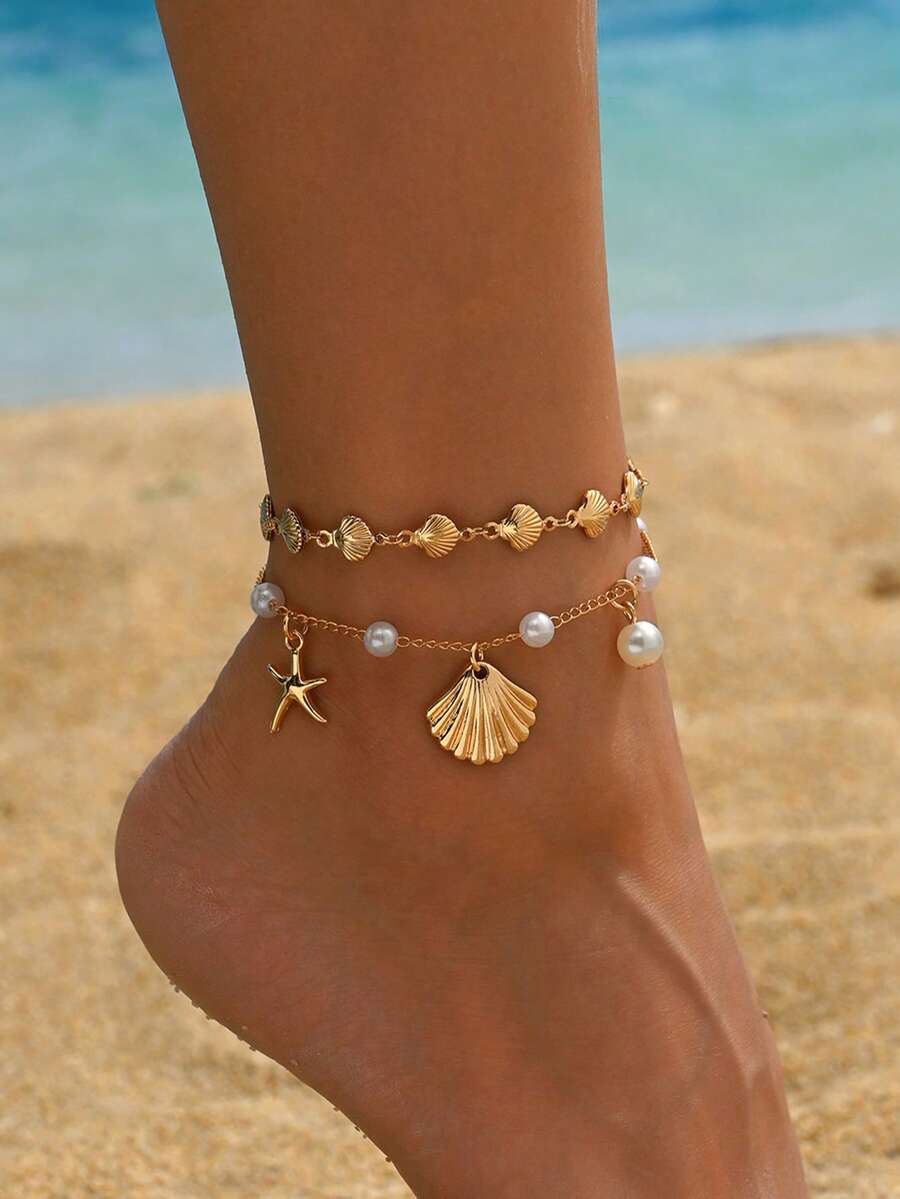 2pcs/Set Beach Vacation Ocean Style Metal Alloy Handmade Shell Chain Anklet, Faux Pearl Gold Shell Starfish Pendant Anklet Set, Fashionable Women Foot Jewelry Suitable For Daily Wear, Beach Party, Music Festival - Multicolor - View 1