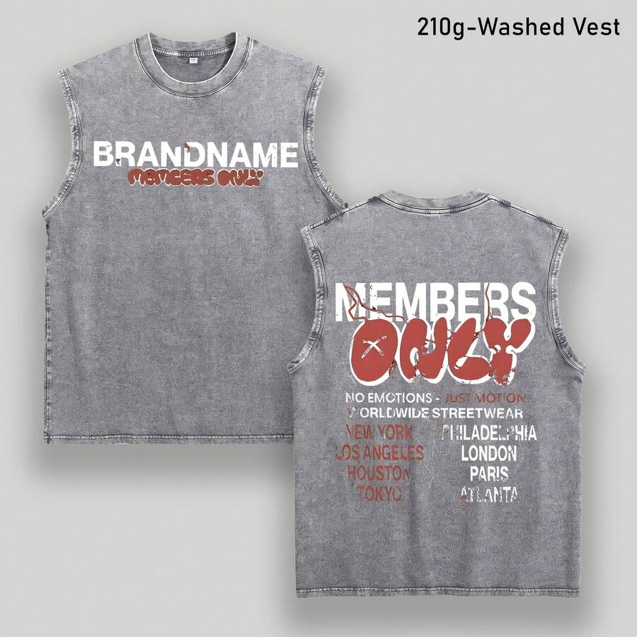 "MEMBERS ONLY" Slogan & Global City Print Washed Cotton Sleeveless Vest, American Street Style Loose Breathable Top VS003-AB - 灰色 - 查看 1
