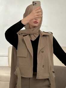 Livesso Lapel Neck Belted Vest Jacket - Khaki - View 1