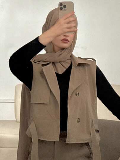 Livesso Lapel Neck Belted Vest Jacket