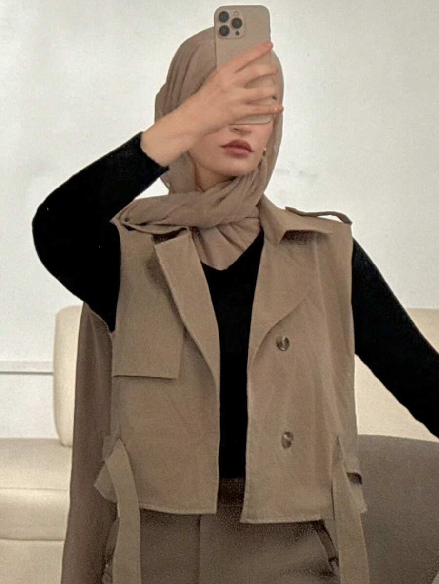 Livesso Lapel Neck Belted Vest Jacket - Khaki - View 1