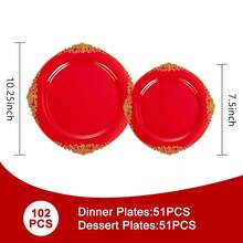 102PCS Red And Gold Plastic Plates - Red Plates Disposable - Vintage Plastic Plate With Gold Rim Include 51PCS Dessert & 51PCS Dinner Plate Perfect For Weddings & Party & Valentine's Day - Red - View 3