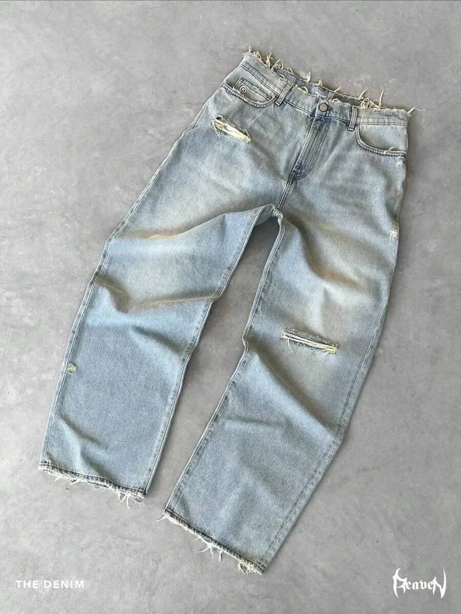 Lavado Para Hacer Viejos Rasgados Jeans De Color Sólido Hombres Y Mujeres Del Mismo Estilo Street Fashion Casual Jeans - 02 - Ver 1