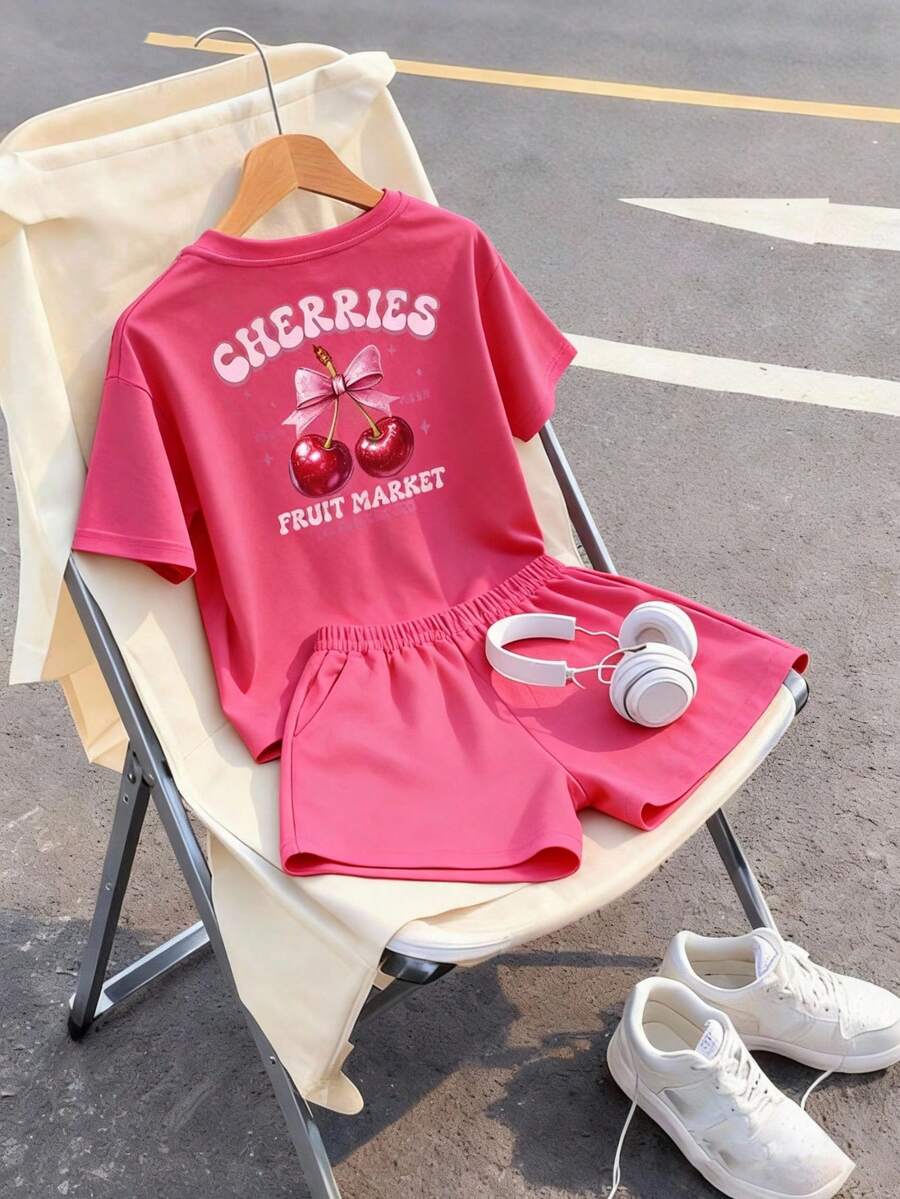 This Casual Set Features A Unique Cherry Letter Graphic Design, Including A Purple Round Neck T-Shirt And A Purple Wide-Leg Pants. - Hot Pink - View 1