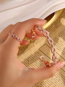 rakol 2pcs Fashionable Cubic Zirconia Asymmetrical Decor Ring & Bracelet Set - Rose Gold - View 2