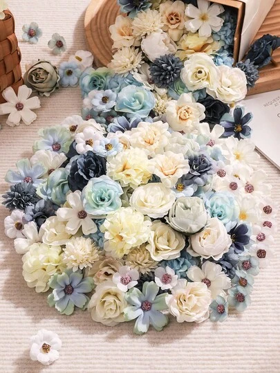 50pcs/100pcs Mixed Blue And White Artificial Flower Heads, Suitable For Valentine's Day Decor, Home Decor, Cafe, Cake Decoration, Garden, Bridal Headpiece, Office Desk Decor, Dining Table
