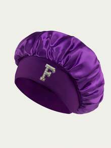 1 Pc A-Z Pearl Letter Hats Kids' Bonnet Hat Set Elastic Comfortable Headwear Sleeping Cap And Hairband Girls 3-8 Years Old - Purple - View 9