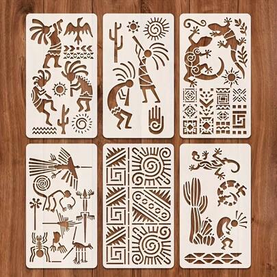 6 件套墙面艺术模板，尺寸 8.7 厘米 x 15 厘米，图案为丰收之神可可波。这些可重复使用的古代图腾和符号模板包含手、太阳、仙人掌和蜥蜴等设计，适合装饰日记本。