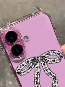 1pc Girly Rose Pattern Big Bow Cat Ear Phone Case, Transparent Edge Asymmetrical Cat Ear Design Air Cushion Anti-Drop Soft TPU 1.5mm Case With Lanyard Hole, Suitable Compatible With IPhone 17/17 Pro/ Air/17 Pro Max/16/16 Pro/16 Plus/16 Pro Max/15 Pro Max/11/12/13/14/15 Plus/15 Pro/14 Pro/13 Pro - Multicolor - View 5