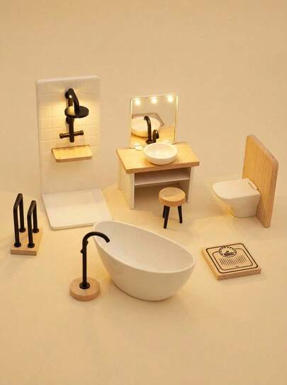 POKOJA LAND 1/12 Scale Dollhouse Bathroom Furniture Set, Bathroom Scene Decor, Dollhouse Shower, Elegant Vanity, Miniature Weighing Scale, Toilet, Bathtub, Faucet, Towel Rack, Build Your Wonderful Dollhouse World!