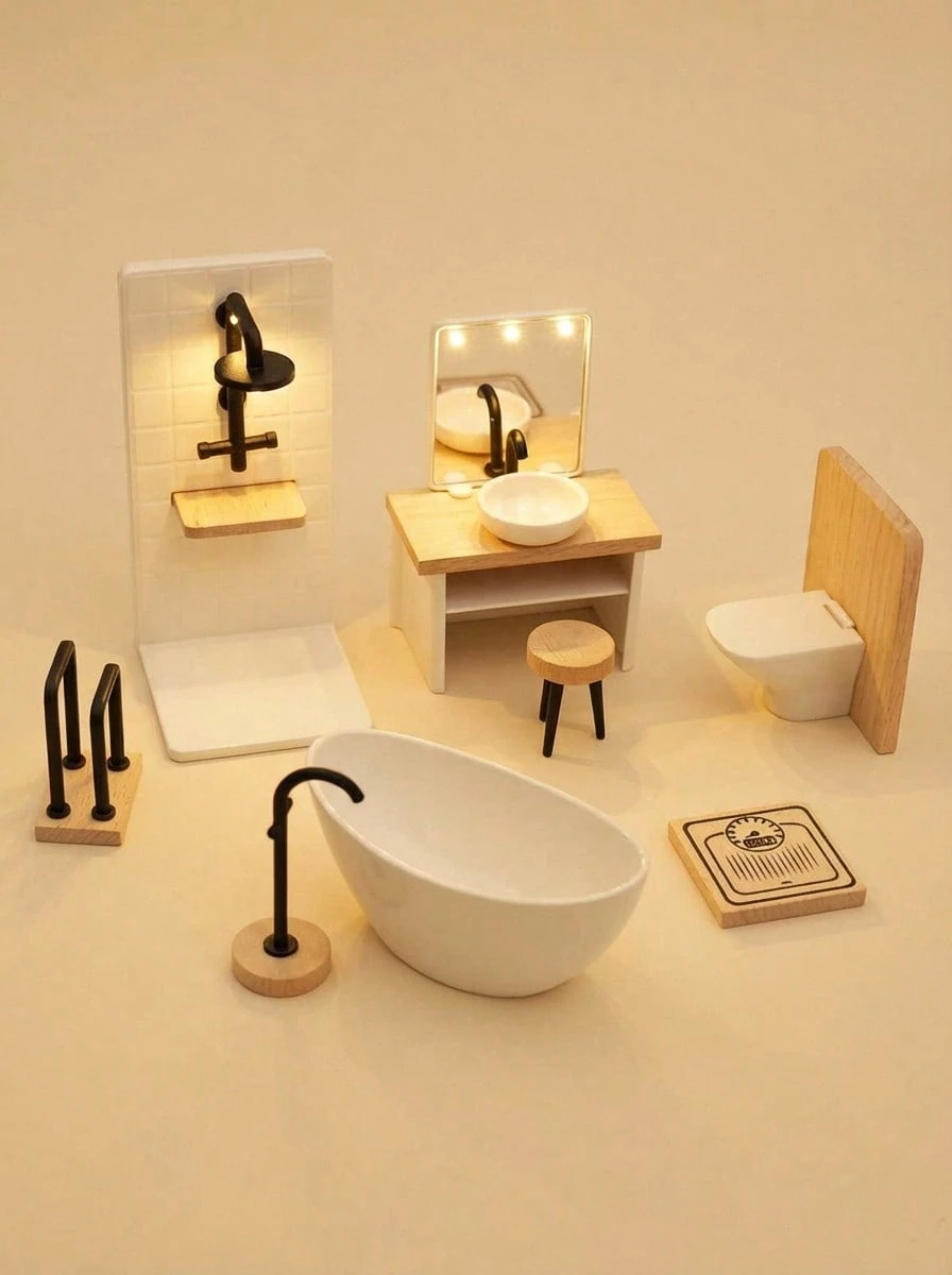 POKOJA LAND Juego de muebles de baño a escala 1/12 para casa de muñecas, decoración de escena de baño, ducha de casa de muñecas, tocador elegante, báscula en miniatura, inodoro, bañera, grifo, toallero, ¡construye tu maravilloso mundo de casa de muñecas! - Multicolor - Ver 1