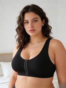 Plus Size Women's Minimalist Solid Color Wireless Shaping Lift Prevent Overflow & Sagging Bra - Black - View 9