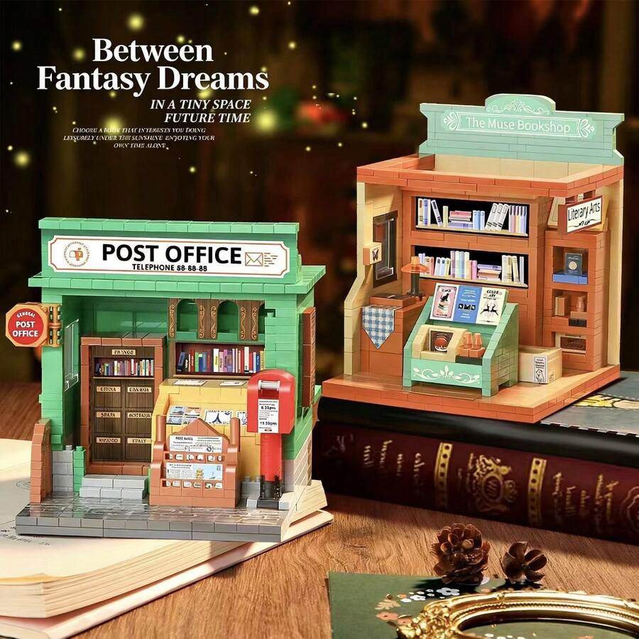 1889pcs Inspiration Bookstore Building Blocks Assembly Ornament, Vintage Post Office Toy Model Decor, Birthday Gift New Style, Teen Leisure Toy, Adult Home Decor, Holiday Gift - Multicolor - View 1