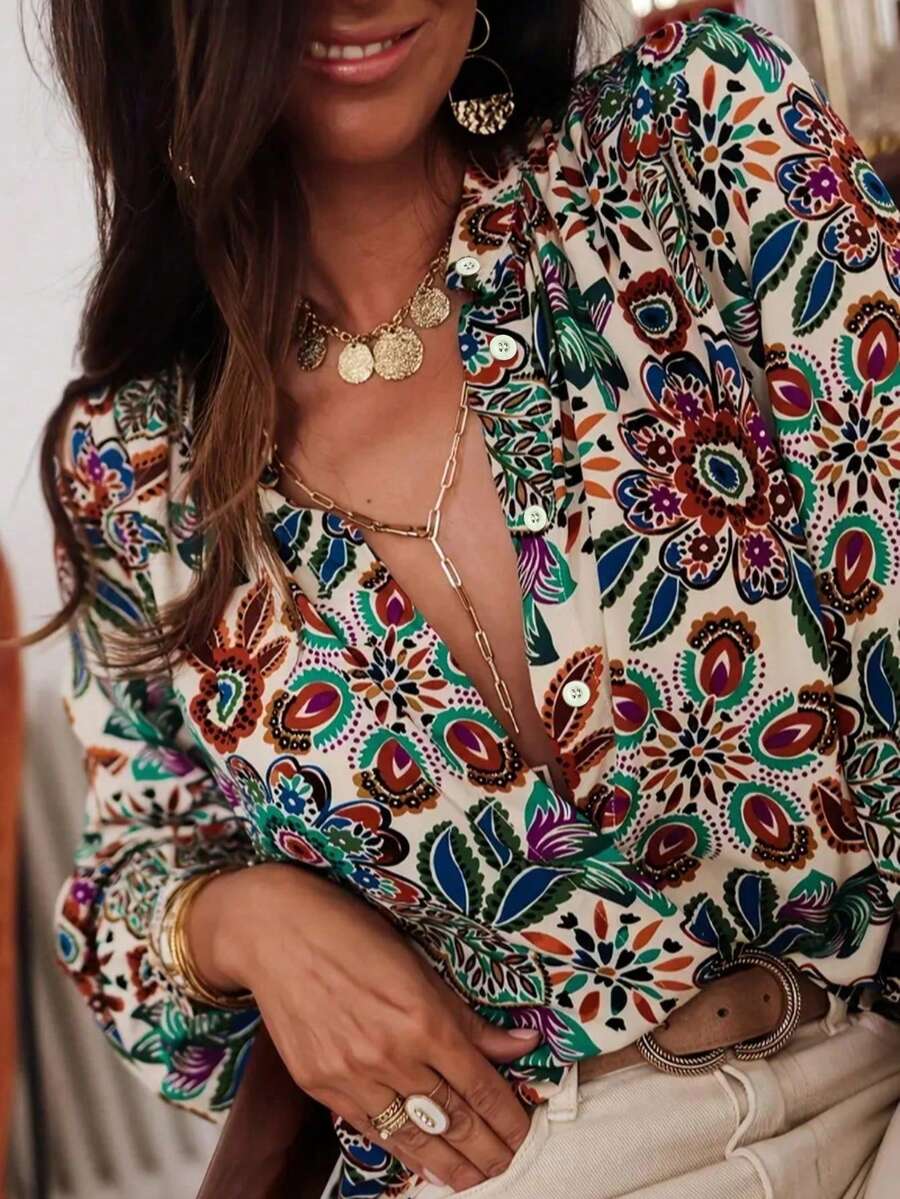 Áo sơ mi dài tay nữ phong cách Bohemian in họa tiết Paisley, thiết kế nhiều nút cài, cổ mở - Màu xanh ngọc, cam, đỏ, xanh dương, xanh lá cây, trắng và đen rực rỡ - Phù hợp cho cả mùa thường ngày lẫn bán trang trọng - Có thể giặt máy - Áo kiểu thanh lịch mùa xuân - Nhiều màu - Xem 1