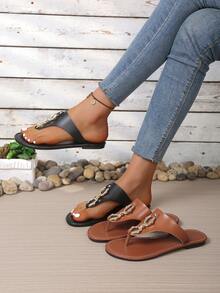 女士优雅舒适的波西米亚风串珠装饰人字拖凉鞋，适合度假休闲、春夏穿着，系带平底凉鞋，优雅舒适，大码圆头沙滩拖鞋，女士奢华金色水晶链花卉装饰，棕色莱卡T字带圆头舒适平底日常及派对凉鞋 - 黑色 - 查看 5