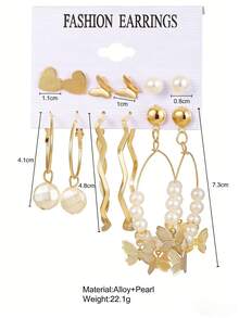 6对可爱蝴蝶心形仿珍珠耳环套装，优雅简约耳钉和耳环组合，适合日常佩戴，是馈赠佳品。 - 6對耳環 - 查看 5